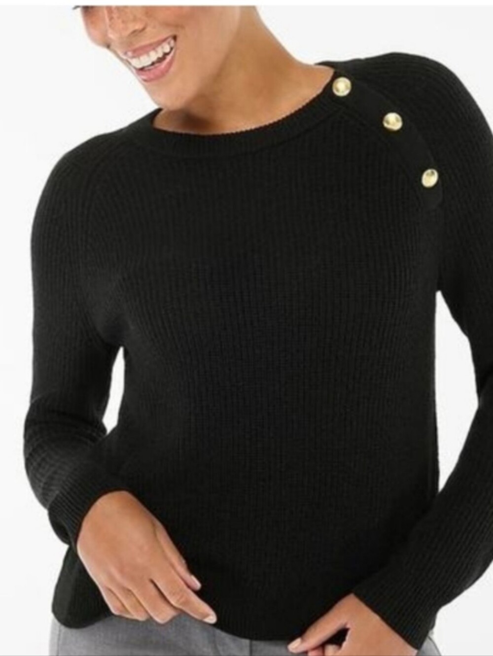 J.Crew Black Ribbed Sweater Gold Button Shoulder Size Small NWT